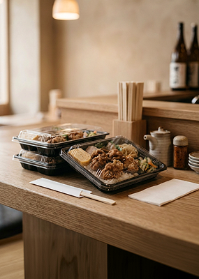 Embalagem de comida oriental e sushi